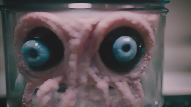 Strange brain or a creature with a pair of eyes in a jar in a laboratory. Scientific experiment or an alien body part. Sci-fi horror movie clip. Cinematic style footage. 