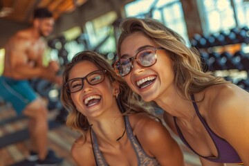 Two beautiful women in gym attire, one wearing glasses, smiling and laughing as they watch a...