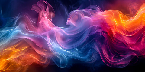 Fototapeta premium A mesmerizing 3D abstract background with swirling, smoke-like patterns in vivid colors, creating a dynamic and ethereal visual effect, set against a dark backdrop.