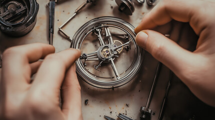 Artisanal watchmaker repairing a luxury timepiece. Close-up photography. Design for skilled craftsmanship, horological art, and precision mechanics concept