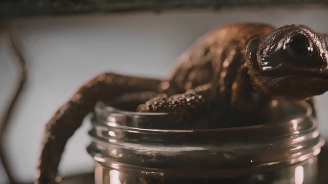 Alien frog like creepy mutant creature in a jar, in a laboratory. Unethical scientific experiment, radioactive genetic modification concept. Sci-fi, science fiction, horror cinematic footage. 