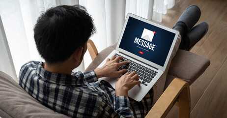 Email notification message showing on computer screen snugly. Digital marketing message information text from business to customer client