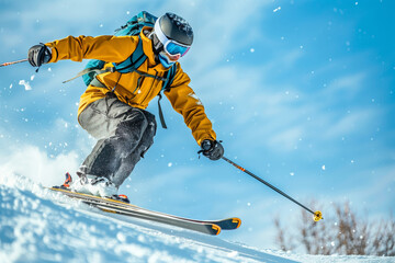 Dynamic Flight of a Jump Skier Soaring Over Winter Landscape With Clear Blue Skies