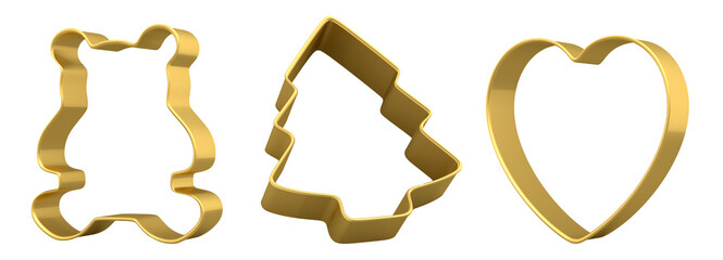 Set of metal cookie cutters for homemade Christmas biscuit on a white background