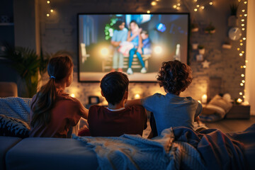 Children enjoying family movie night in cozy living room with ambient lighting