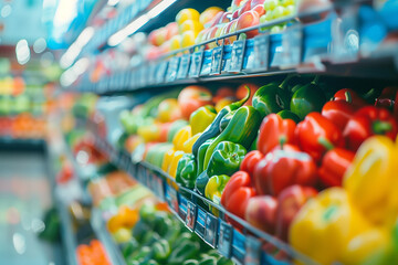 Colorful arrangement of fresh vegetables in a grocery store aisle during daylight hours. Space for copy.