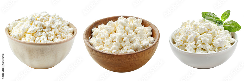 Wall mural set of bowl of creamy cottage cheese isolated on a transparent background