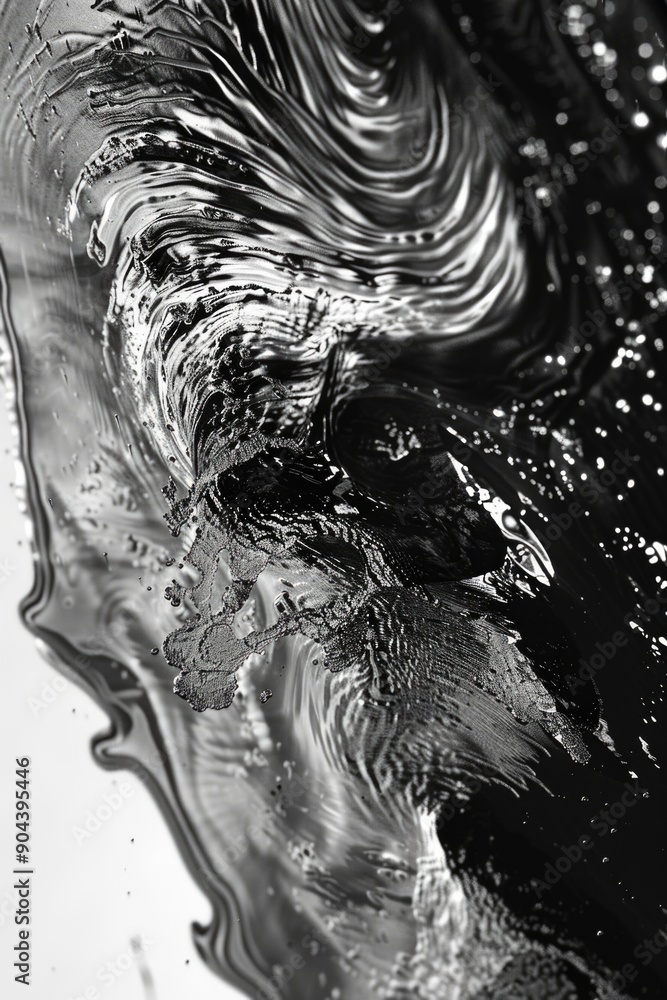 Poster a black and white photo of a wave in the water, suitable for use as a background or to represent cal