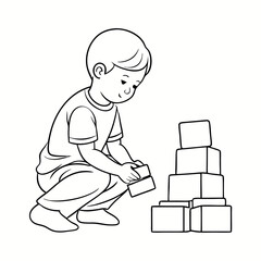 A cute chile play with toy blocks, line art vector illustration