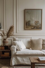 Cozy home decor scene featuring comfortable furniture and art piece on wall