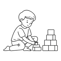 A cute chile play with toy blocks, line art vector illustration