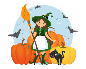 Cute little witch with broom, cat, moon, pumpkins and bats. Halloween illustration, card, vector