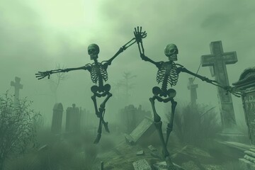 Fototapeta premium Skeletons dancing in a graveyard filled with moss-covered tombstones and thick, rolling fog