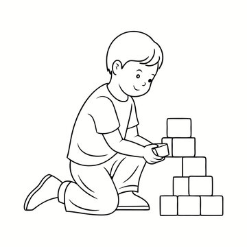 recommend clip art: A cute chile play with toy blocks, line art vector illustration