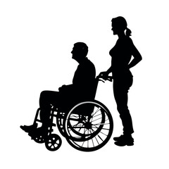 a disable man sitting on the wheel chair, and  a helping woman are help his, black color silhouette, isolated white background