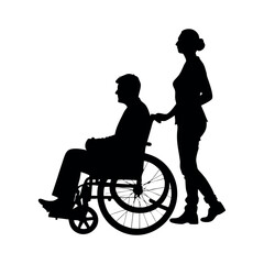 Fototapeta premium a disable man sitting on the wheel chair, and a helping woman are help his, black color silhouette, isolated white background