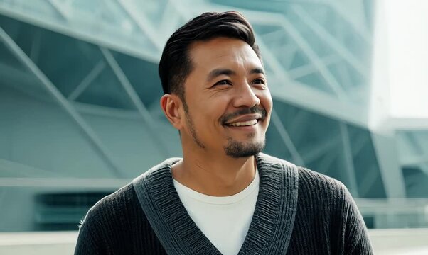 portrait of a Filipino man in his 40s wearing a chic cardigan against a modern architectural background