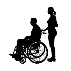 a disable man sitting on the wheel chair, and  a helping woman are help his, black color silhouette, isolated white background