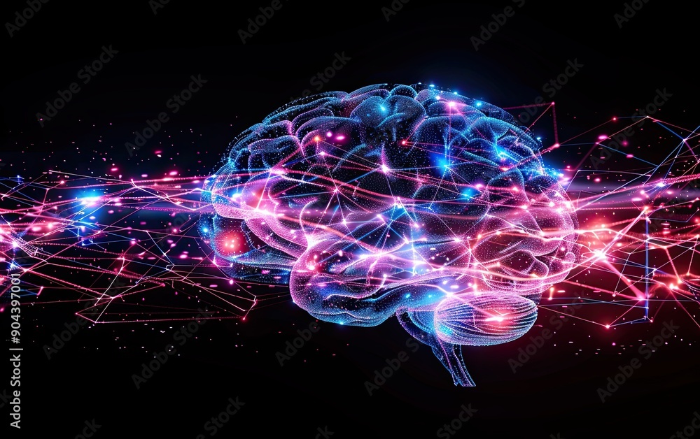 Poster a digital brain made of circuitry, connected to an abstract ai energy stream with glowing particles 