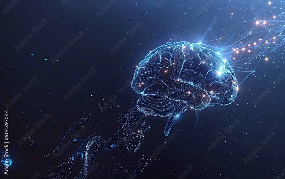 Poster a digital brain made of circuitry, connected to an abstract energy stream on the right side with glo