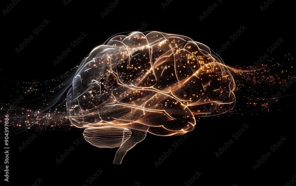 Poster a digital brain made of circuitry, connected to an abstract representation of light beams or waves, 