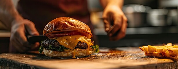 Chef grilling burgers at an outdoor international food festival Street food served from stall.
