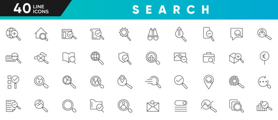 Search line icon set. Contains a magnifying glass, find, protection, check mark, tick box, look tool, Zoom and find document Outline icon collection. UI thin icon pack.