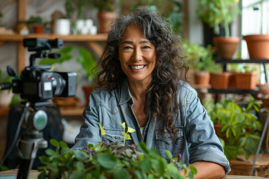 Smiling woman filming gardening tips among abundant green plants in cozy indoor space