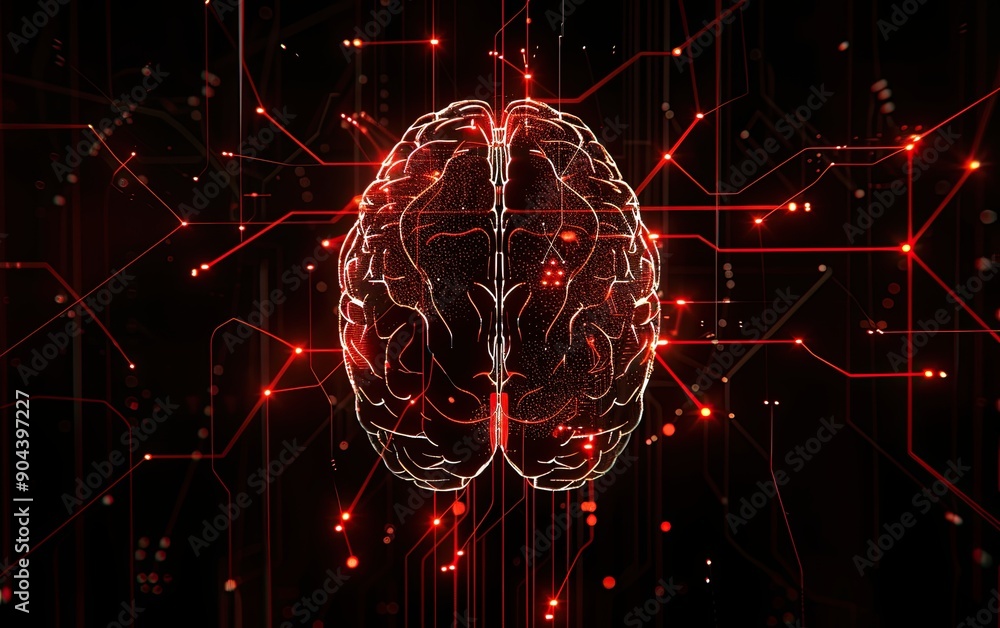 Poster abstract digital brain with circuitry and data streams, ai concept on black background in the style 