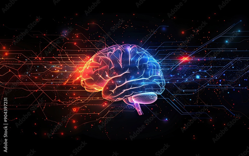Poster abstract digital brain with circuitry and data streams, ai concept on black background in the style 
