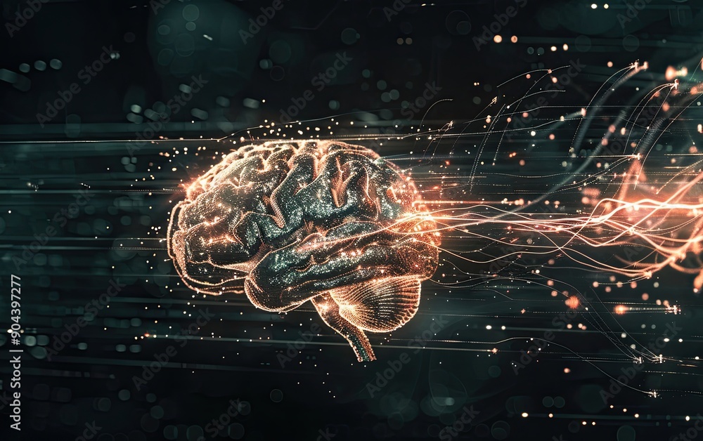 Poster a futuristic digital brain made of circuitry, connected to an abstract ai energy stream on the right
