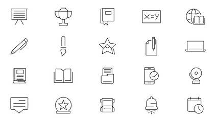 Education line icon set. Additional education, tutorship, school, subjects, supplies, online learning, online lecture, video call, developments, innovations Outline icon collection. UI thin icon pack.