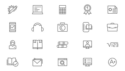 Education line icon set. Additional education, tutorship, school, subjects, supplies, online learning, online lecture, video call, developments, innovations Outline icon collection. UI thin icon pack.