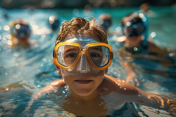 Naklejka premium A young boy wearing a snorkel mask smiles for the camera while swimming in a pool with other kids