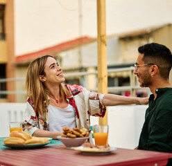 urban roof enjoying sitting male cafe restaurant leisure table friendship boyfriend flirting girlfriend romance dating date meeting girl two romantic conversation casual