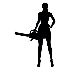 a female worker stand with a saw machine, vector silhouette, stylish pose, isolated white background