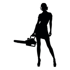 a female worker stand with a saw machine, vector silhouette, stylish pose, isolated white background