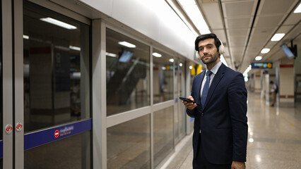 Project manager wearing headphone at train station while holding mobile phone for choosing song. Smart business man listening relaxing music while waiting for train with blurred background. Exultant.