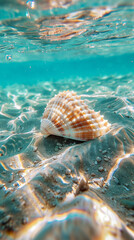 Tranquil Seashell Scene: Conch Shell on Pristine Sandy Seabed, Detailed Conch Shell with Mesmerizing Light Pattern, Conch Shell on Clear, Sandy Seabed, Serene Ocean Beauty