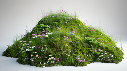 3D Rendering of Isolated Mounds of Moss, Grass, and Flowers