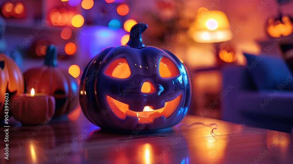 Canvas Prints A glowing jack-o'-lantern sits on a table with other pumpkins in the background. AI.