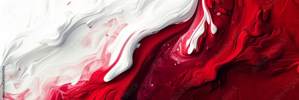 Poster exploring abstract art through vibrant red and white fluidity, showcasing dynamic forms