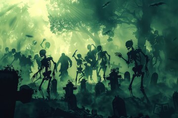Obraz premium Skeletons dancing in a graveyard filled with moss-covered tombstones and thick, rolling fog