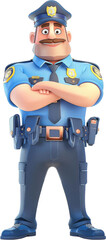 A cartoon police officer standing confidently, showcasing authority and approachability in a colorful design.