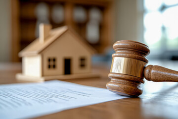Wooden Gavel with Legal Document and House Model