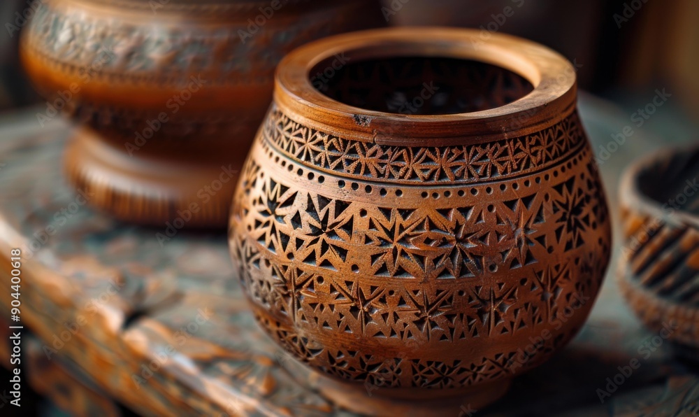 Poster a close-up of a carved clay pot with intricate patterns. ai.