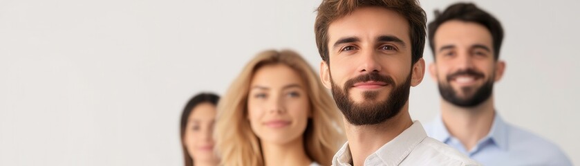 Group of young professionals standing in a row with confident smiles, highlighting teamwork and positivity in a modern business environment.