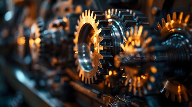 A close up of a row of gears with a yellowish tint