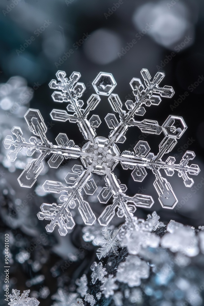 Poster a close-up of a snowflake with intricate details. ai.
