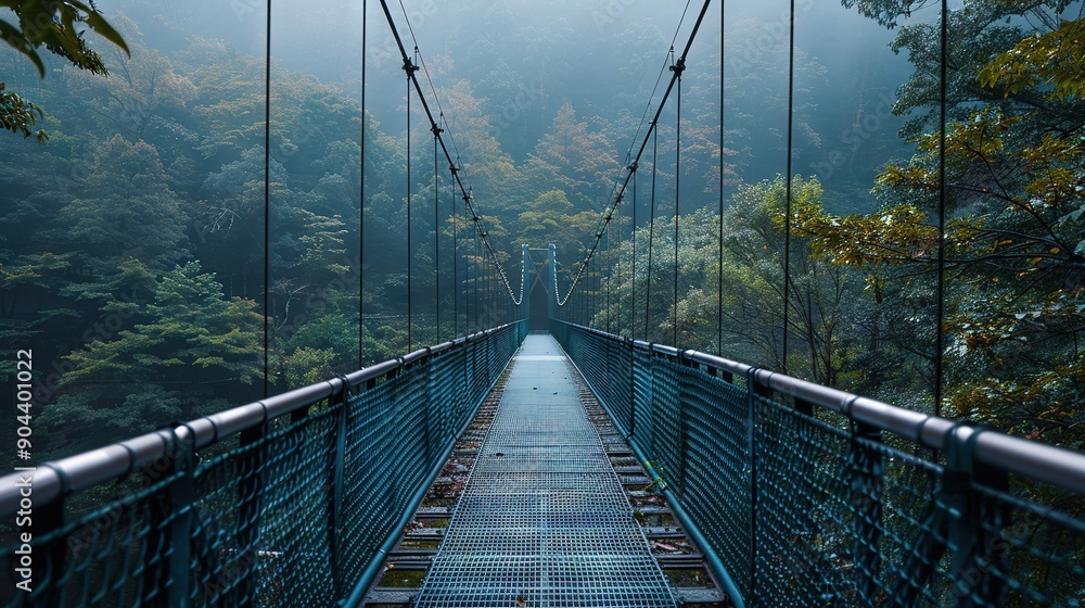 Poster   A bridge, suspended, amidst a dense woodland, surrounded by towering trees on either side and enveloped in mist